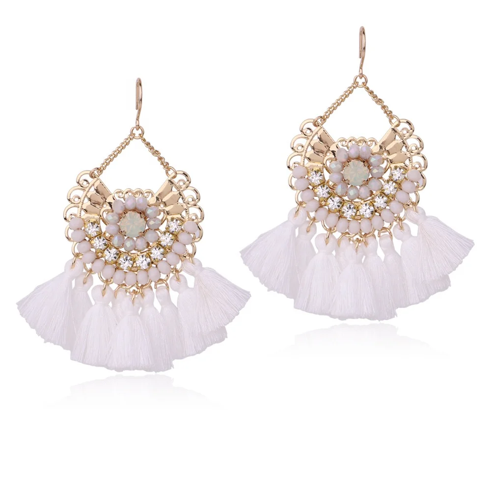 

White Tassel Earring Women Crystal Elegant Dangle Earring Baroque Design Bohemian Jewelry Handmade