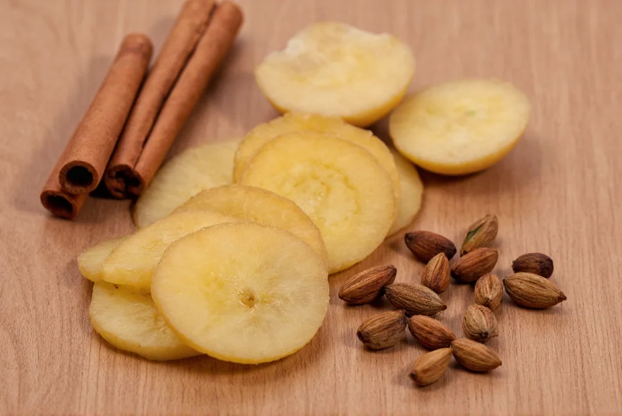 Close-up of whole cinnamon sticks, fresh ginger slices, and cardamom pods arranged on wooden surface for making homemade spiced tea