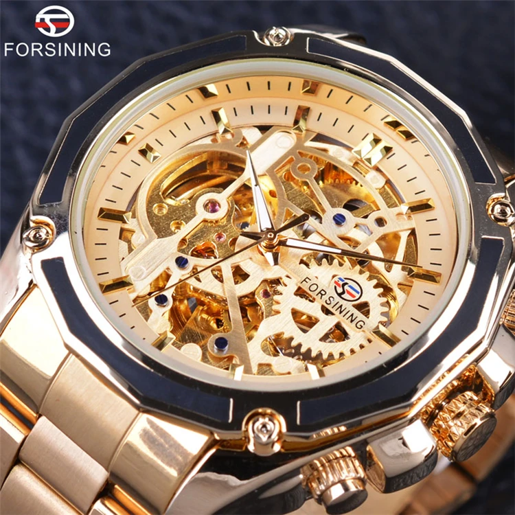 

FORSINING GMT982 Mechanical Steampunk Fashion Male Wristwatch Top Brand Luxury Stainless Steel Automatic Skeleton Clock