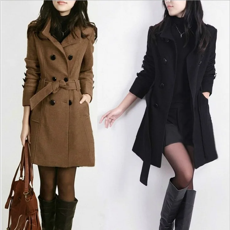 

Ecoparty Women's Winter Double Breasted Stand Collar Button Pea Coat Trench Coat with Belt