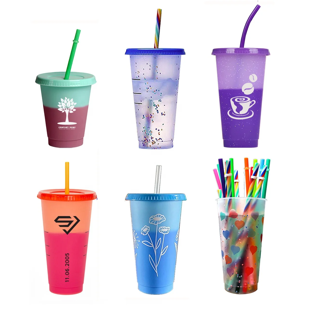 

16oz 24oz rainbow kids adults color changing confetti cups with lids and straws, Pastel/ translucent