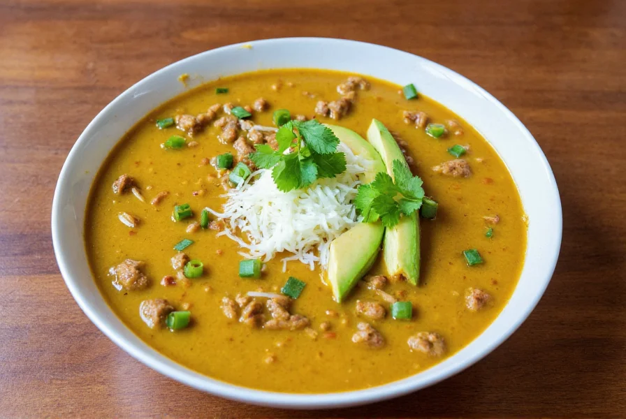 Beautifully plated bowl of creamy poblano pepper soup with traditional Mexican garnishes including avocado, queso fresco, and cilantro