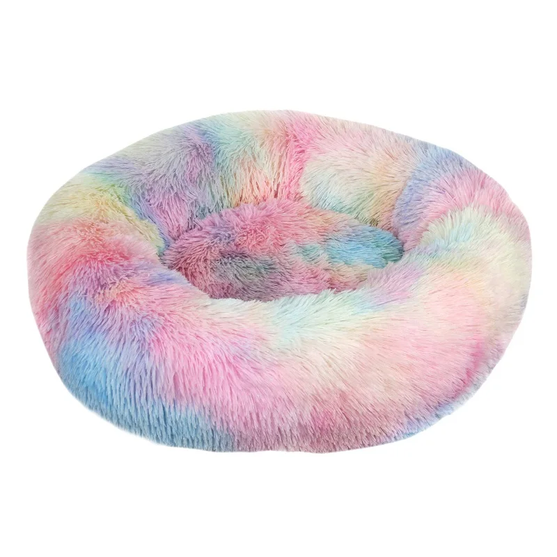 

Tie-dye Gradient Color Pet Factory Original Fluffy Shag Round Faux Fur Pet Cat Cozy Cuddler Calming Donut Dog Bed, Pictures