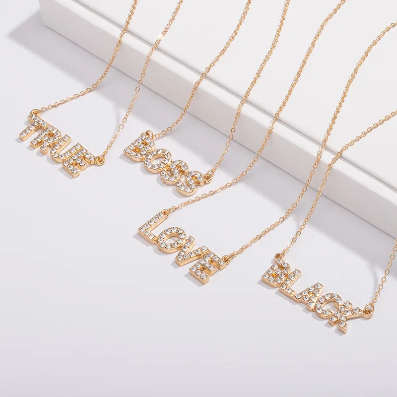 

2020 Trendy Jewelry 18K Gold Plated Crystal Rhinestone LOVE BOSS TRUE Letters Pendant Necklace For Women