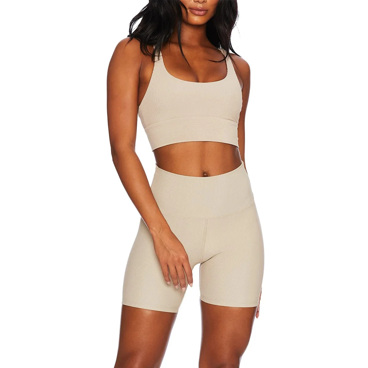 

Women High Waist Elastic Quick Dry Soft Ribbed Yoga Shorts and Bra Set