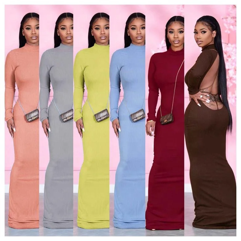 

2021spring fashion long sleeve bodycon maxi dress backless knitted sweater dresses