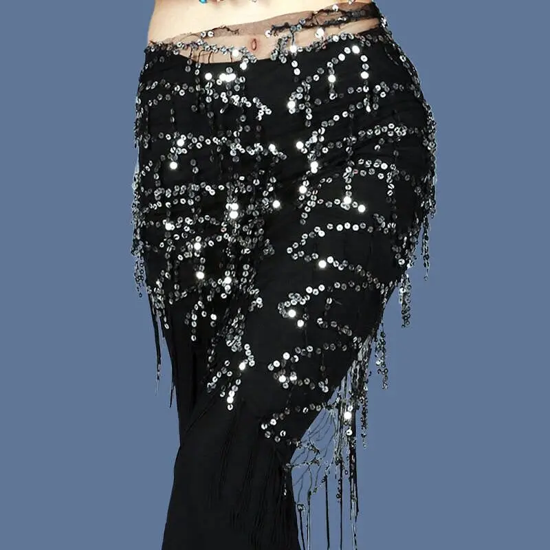 

Hot selling sequins triangle fashion style belly dance scarf with tassel shawl