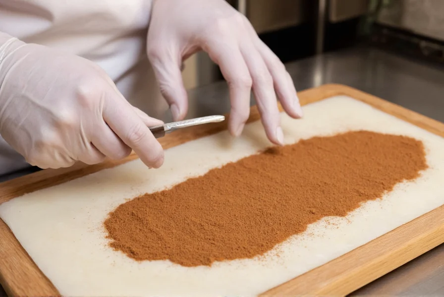 Professional baker measuring cinnamon for cinnamon roll filling with precise measurements