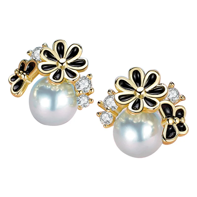 

Pearl Earrings Simple Temperament Lady Retro Earrings Personality Daisy Flower Jewelry S925 Silver, Black