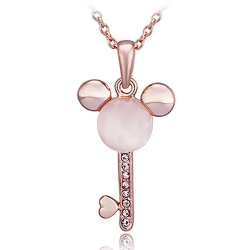 

Rose Gold Plated Mouse Cat Eye Stone Key Pendant Necklace Cute Animal Jewelry Women