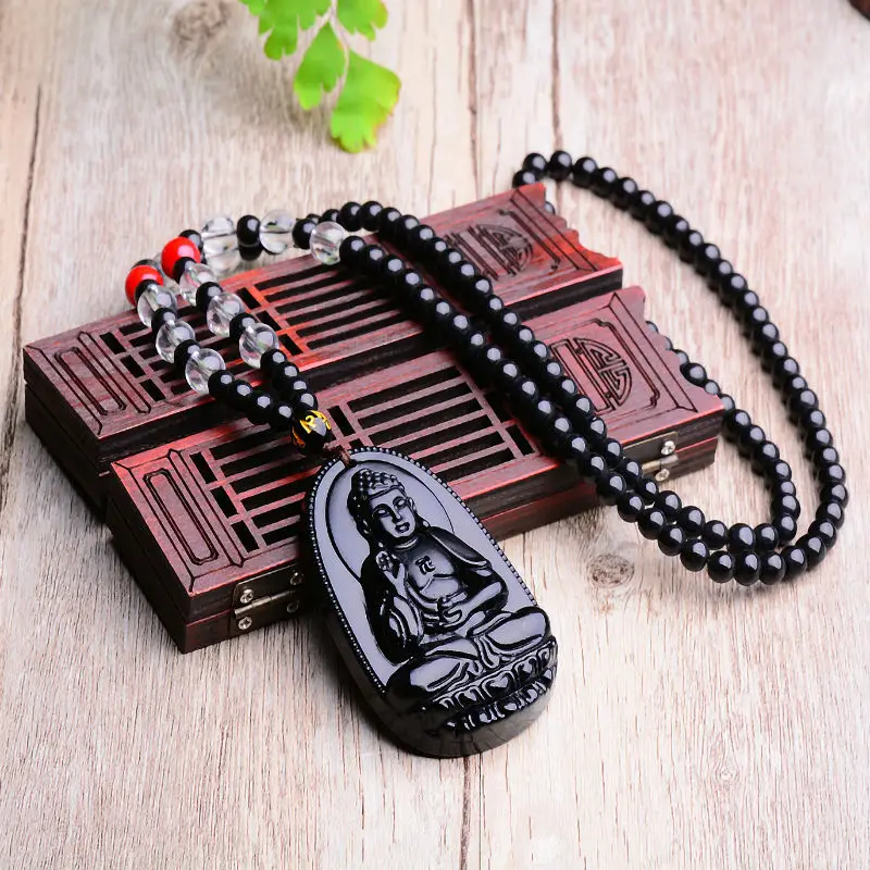 

Natural Stone Obsidian Carved Buddha necklace Lucky Amulet Pendant Necklace, White