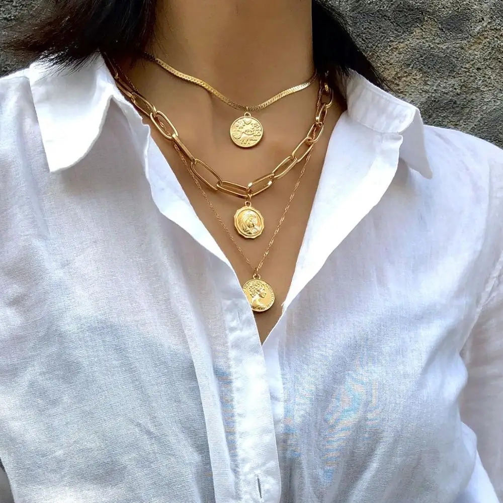 

SHIXIN Punk Multi layer Chunky Chain Virgin Mary Choker Necklace Gold Color Carved Coins Pendant Necklace for Women Jewelry, Gold,silver