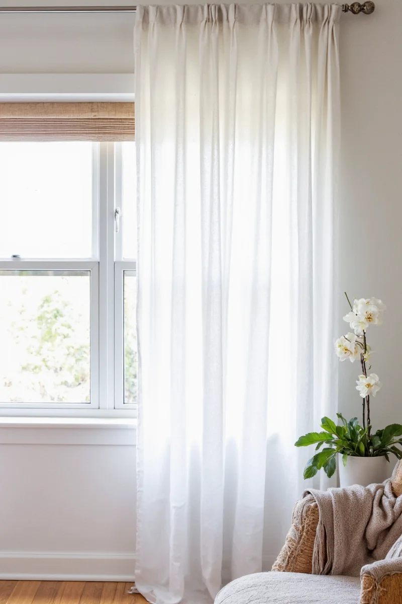 Family sitting on couch under soft linen curtains