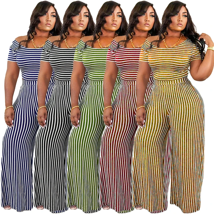 

Large Size Women's New Style Two Piece Pants Set Multicolor Stripe Set Fashion Plus Size Two Trouser Suits