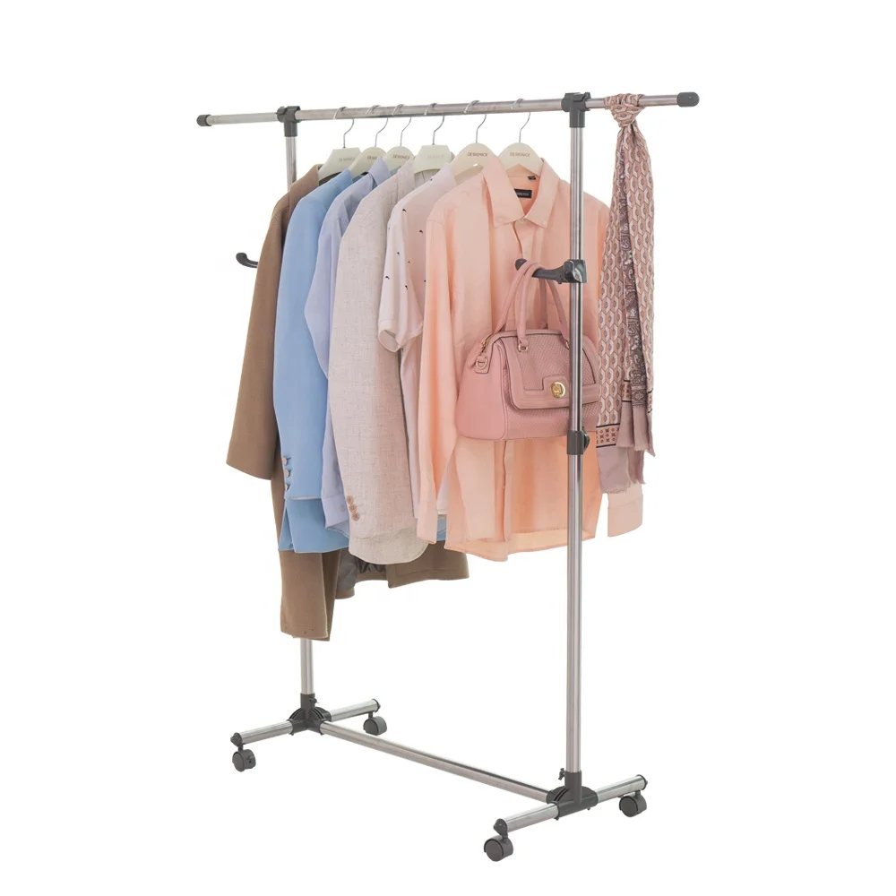 

BAOYOUNI Metal Telescopic Dimensional Garment Display Rack Rolling Clothes Drying Stand Storage Rack with Bag Hat Hooks, Grey