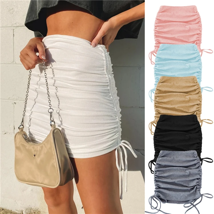 

DUODUOCOLOR Solid color summer knit draw cord elastic force wrinkles sexy woman skirt bodycon short dress D98019
