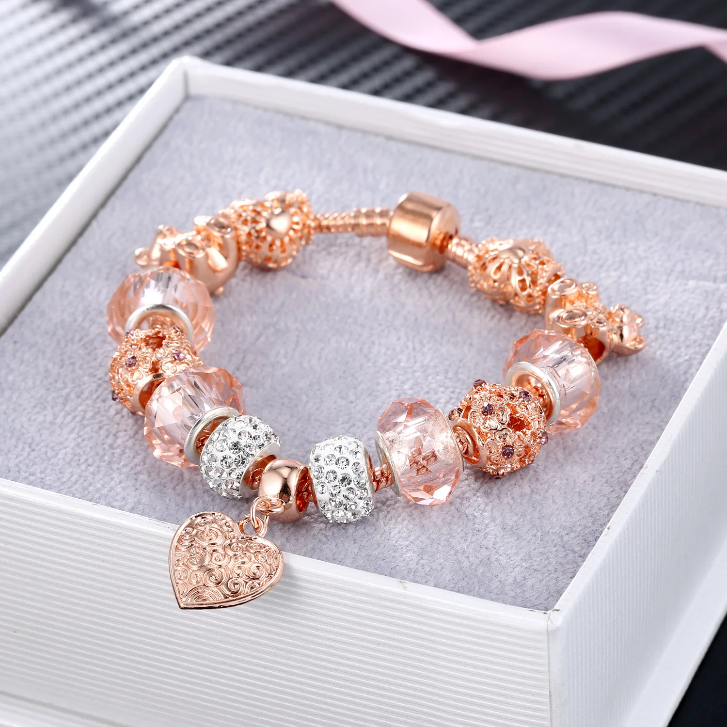 

DIY Alloy Big Hole Beaded Bracelet Charm Diamond Rose Gold Plated Heart Pendant Bracelet Wholesale, As picture