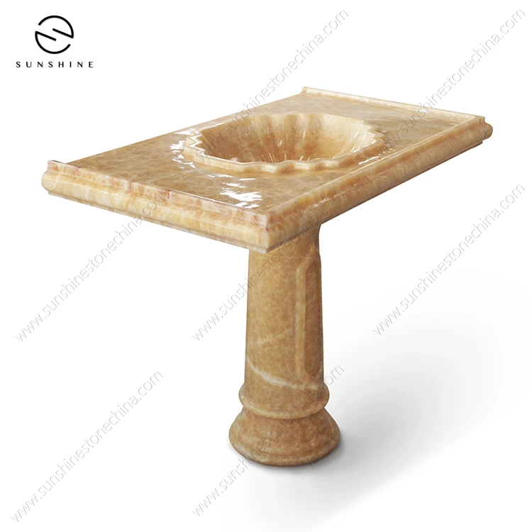 Custom Sized Honey Onyx Marble Stone Wall Mounted Console Pedestal Bathroom Sink