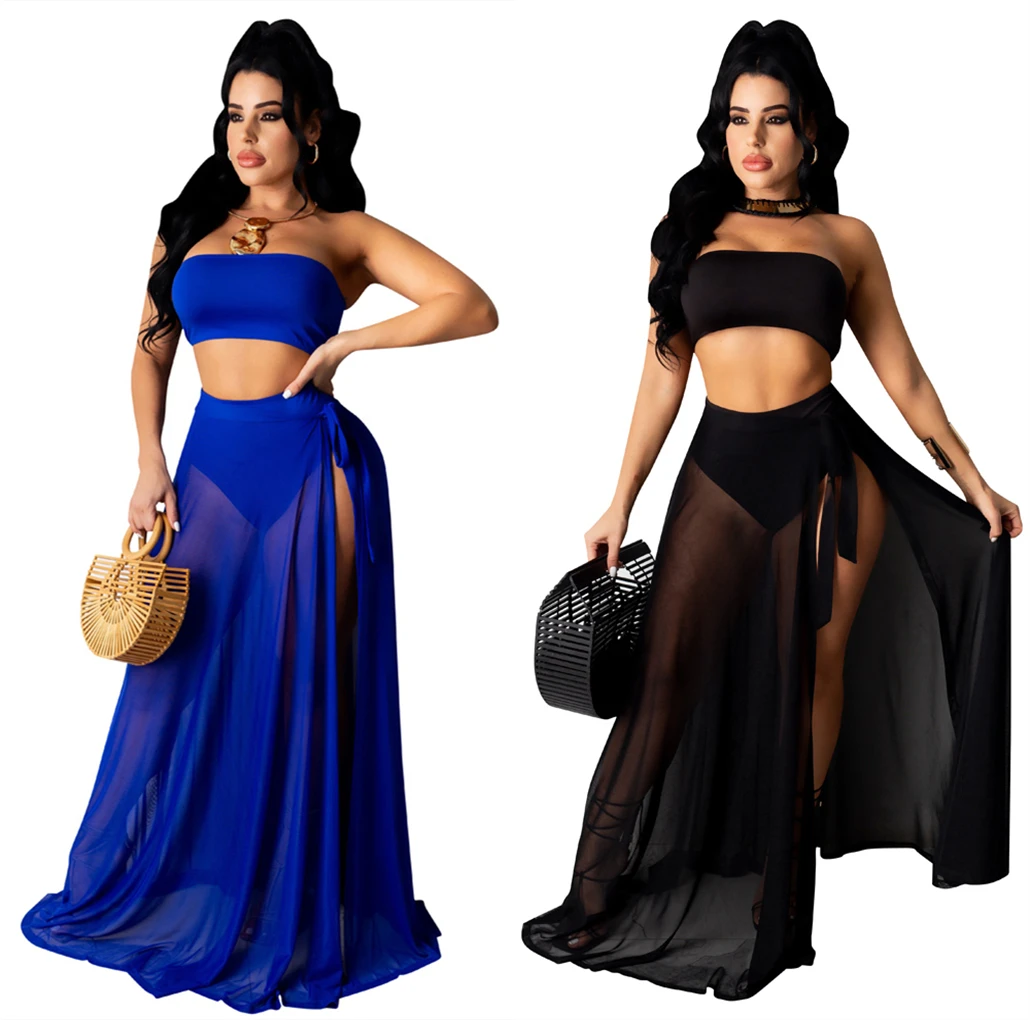 

Wholesales 2021 Solid Color Mesh 3 Piece Swimsuit Set Wrap Chest Split 3 Peice Swimwear Set Sexy Cover Up Swimwear, Black, blue