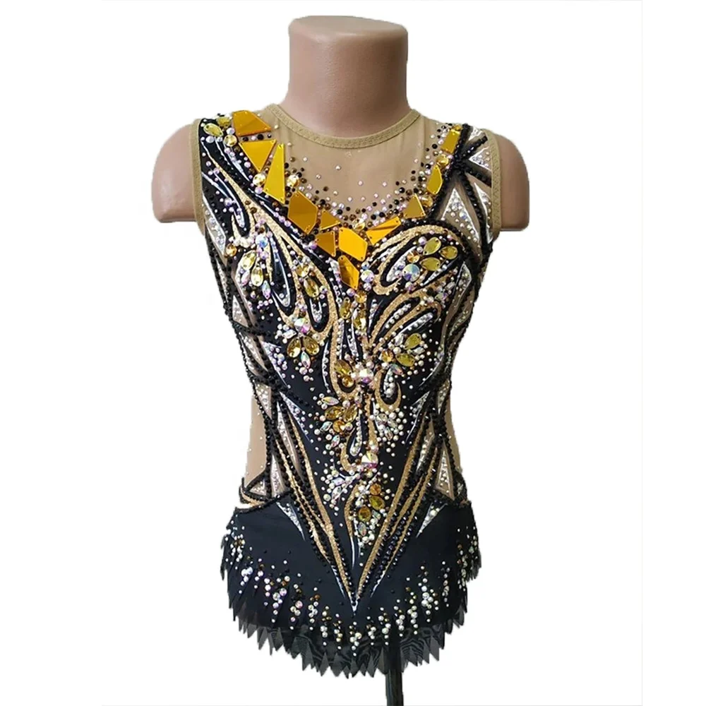 

LIUHUO Girls Rhythmic Gymnastics Leotards Girls Gold exotic dancewear Kids Performance Women's Dance Dress Customized Costumes