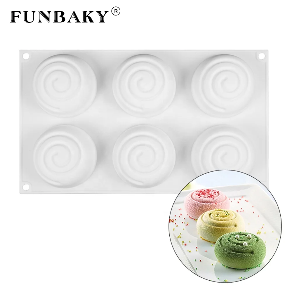 

FUNBAKY Nonstick bakeware 6 cavity cake mold round cloud shape threaded mousse mold silicone cake decoration tool, Customized color