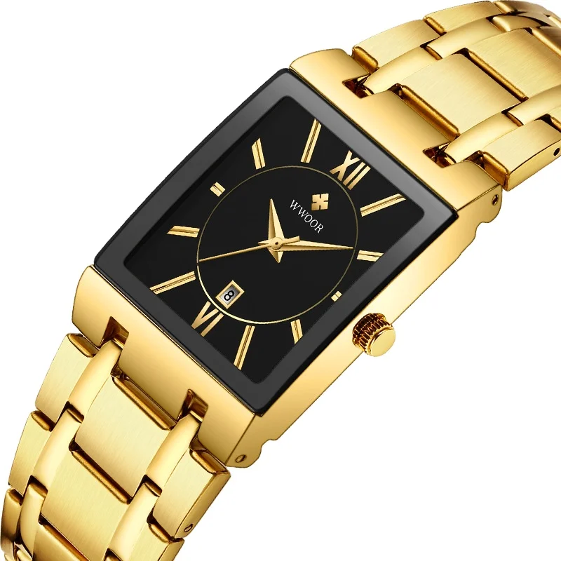 

WOOR 8858 Men Gold Watch Quartz Stainless Steel Waterproof Wristwatches Business Men Square Sport Watch High Quality