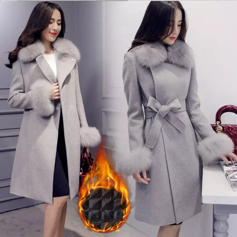 

new style fashion winter woman solid Woolen overcoat temperament coat Hidden button long sleeve faux fur collar parka Jackets, Picture