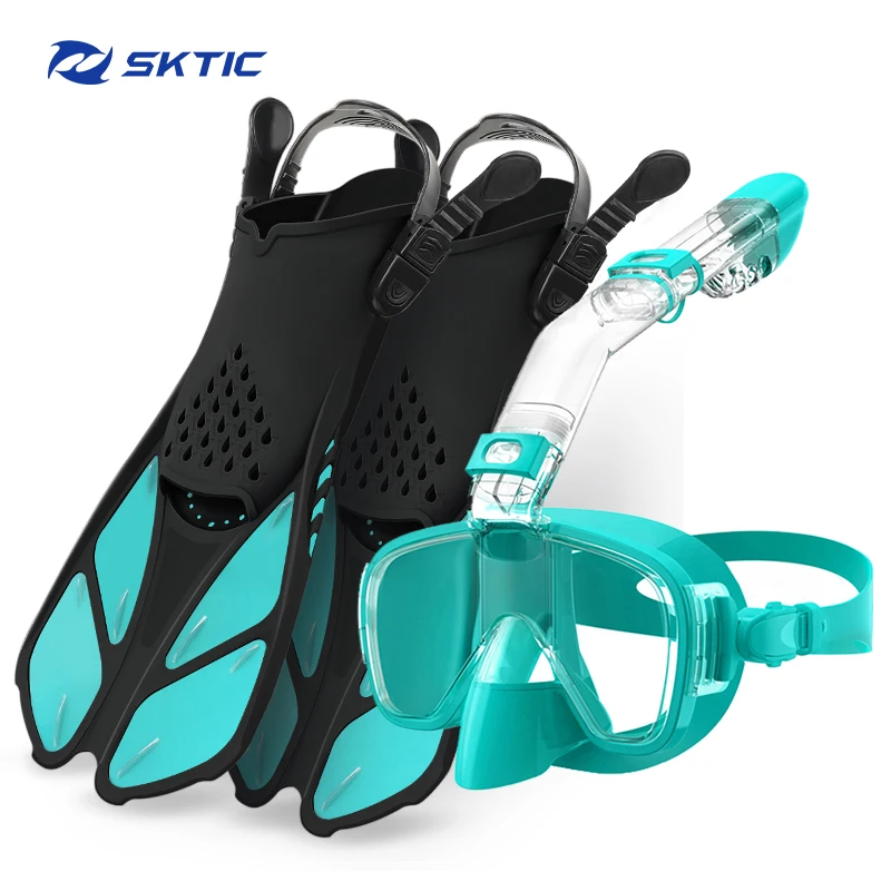 

SKTIC Amazon Hot Sell Tempered Glass Snorkeling Diving Mask And Snorkel Set With Fins Combo Set Diving Equipment, Green