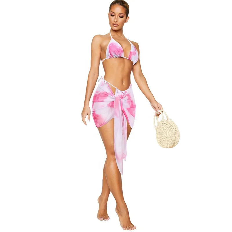 

Three Piece Sexy Halter Top Swimwear Ensemble String Thong Bikini Set