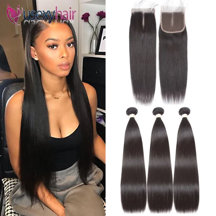 

Malaysian Raw Hair Vendors Grade 12A Virgin Unprocessed Straight Human Hair Bundles With Lace Frontal Closure, Natural color human hair extension