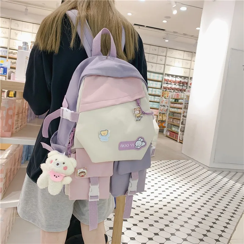 

Low wholesale cute casual large capacity students backpack bear pendant cartoon school bag for girls, Light blue+purple+pink+black