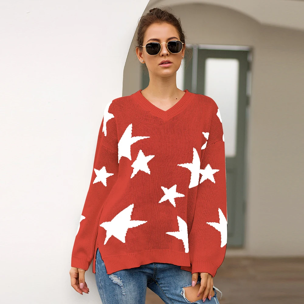 

Casual v neck oversize women sweater one shoulder star intarsia perspective t-shirt full of stars pattern top clothes