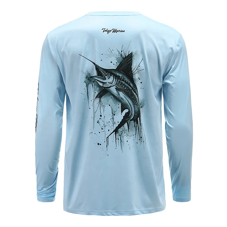 

Cheap Light Blue Marlin Sport Fishing Shirt UV Protection fishing tshirt, Stock or custom color