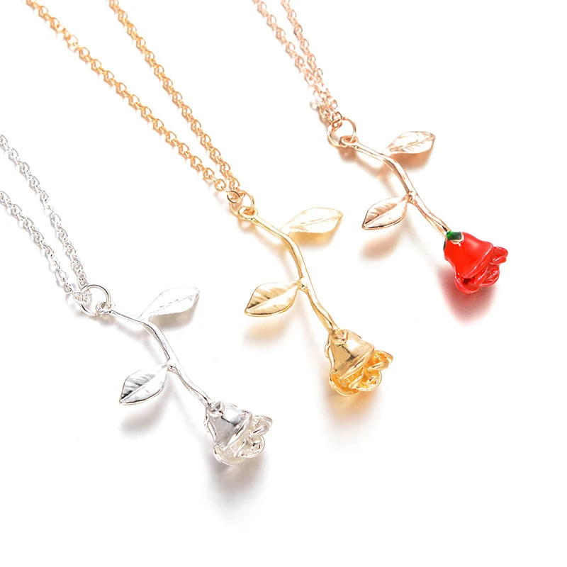 

Wholesale Simple Alloy Clavicle Chain Exquisite Silver Gold Rose Flower Pendant Necklace for Girlfriend Valentine's Day Gift