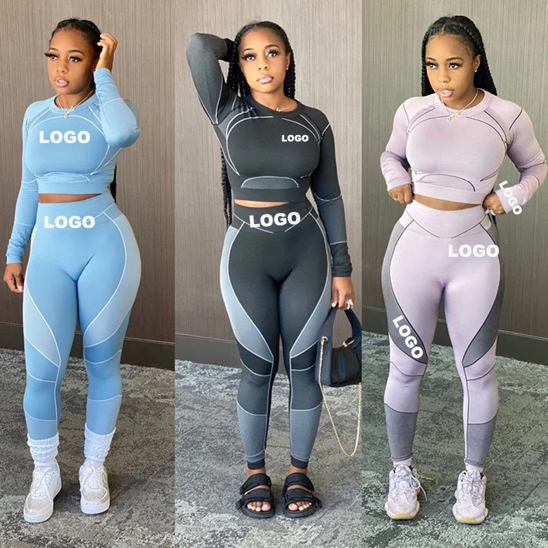 

Private label workout clothing 2 piece active wear sets custom logo long sleeve gym fitness set women