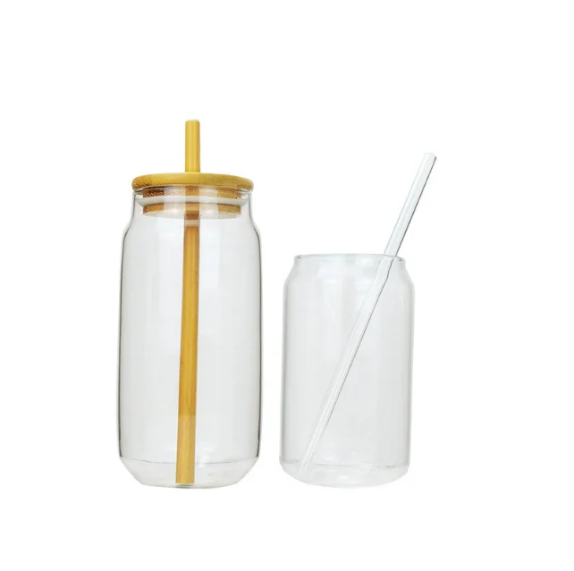 

New Design Straw Glass Cola Cup With Lid Wooden Straw Creative Juice Cold Drink Cup Transparent Cup