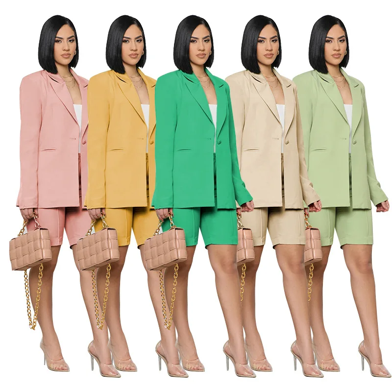 

Autumn women's casual solid color long-sleeved blazer shorts two-piece set