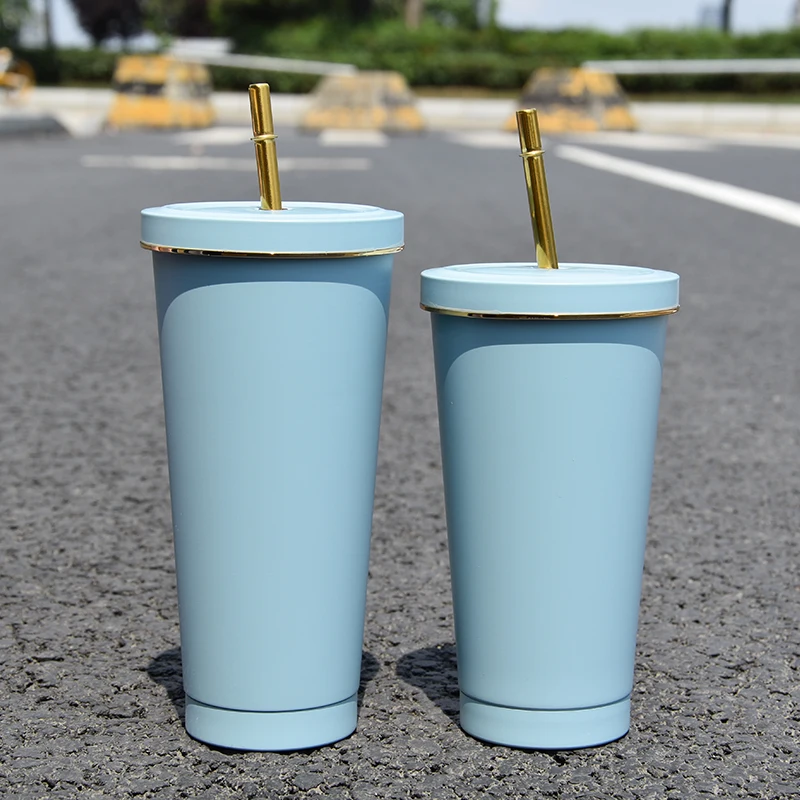 

Free Shipping 500ml Customized Straw Tumbler Double Wall Insulated Tapered Gold Rim Tumbler with Lids and Straws, Black/blue/pink/purple/dark green