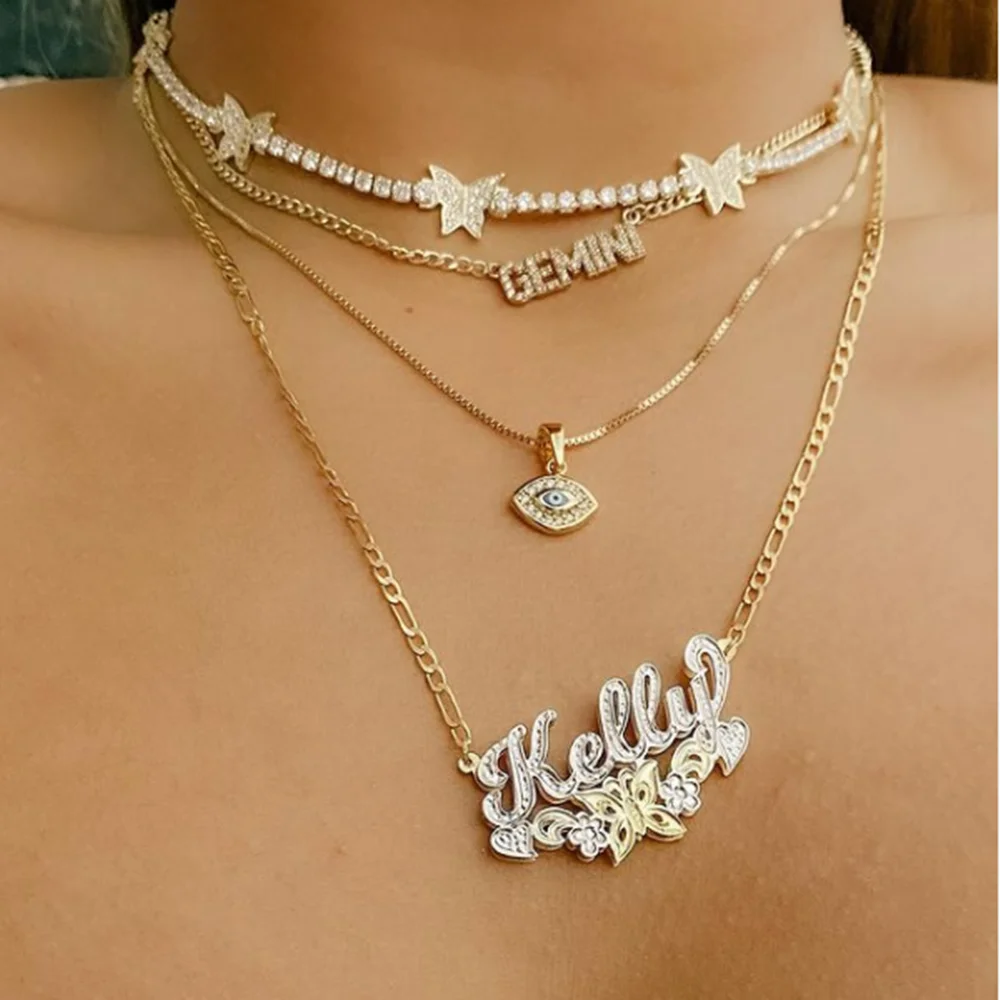 

Dropshippig Butterfly Flower Double Color Engraving Letter Necklace Custom Name Necklace, Customized color