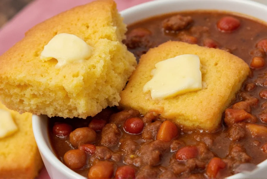 Perfectly golden cornbread squares served alongside a bowl of hearty beef chili with melted butter on top