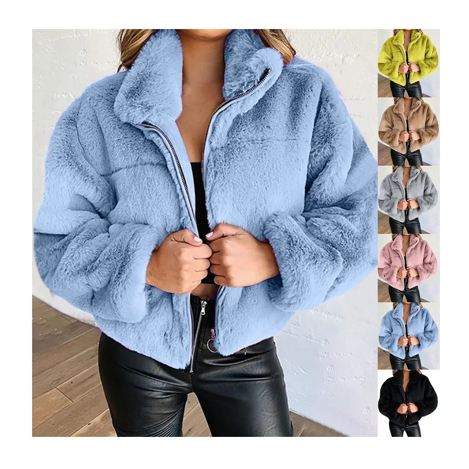 

High Quality Zipper Woolen Coat Fashion Long-Sleeved Plush Warm Cardigan Jacket Women'S Plus Size Jackets & Coats