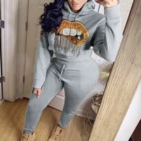 

Casual Sequined Lip Pattern Hooded 2 Piece Pants Set Ladies Jogger Set