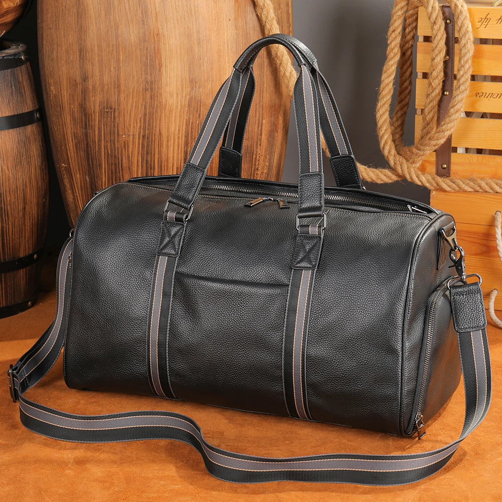 

Marrant Men Waterproof Genuine Leather Weekend bag Gym Sports Oversized With Shoe Pouch Leather Carry On Bag Travel Duffel Bag, Black