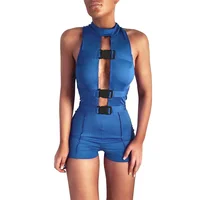 

Ptsports fashion women blue jumpsuit Hollow out sexy jumpsuit with zipper women shorts