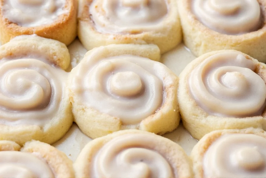 Finished cinnamon rolls topped with smooth cream cheese-free frosting showing perfect consistency and texture