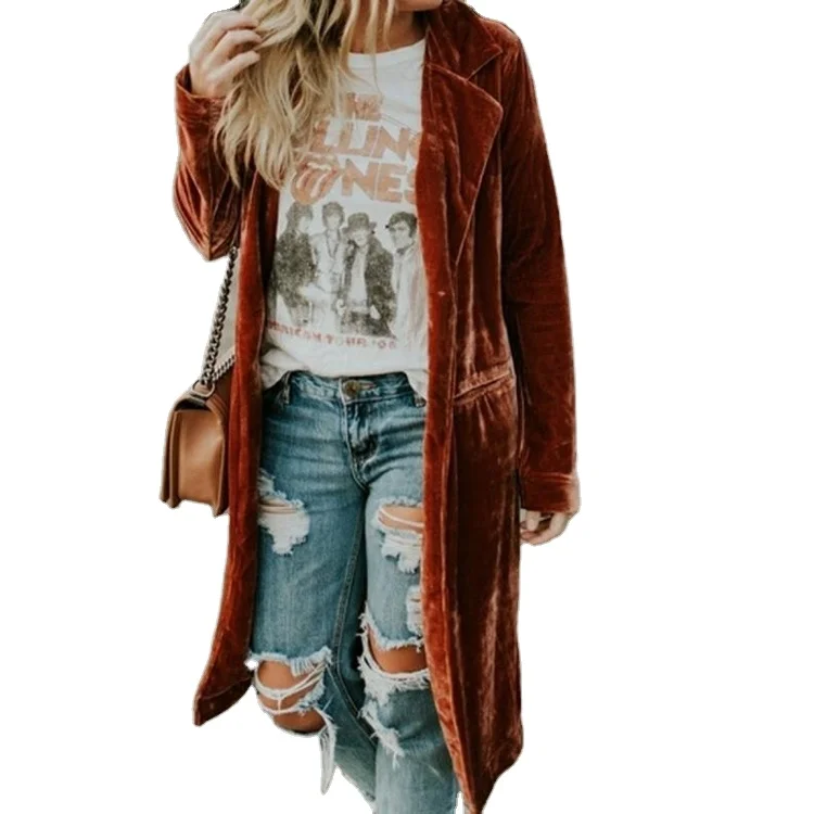 

New Fashion Fall Winter Women Lapel Cardigan Buttons Long Jacket Casual Solid Color Golden Velvet Office Lady Elegant Soft Coats