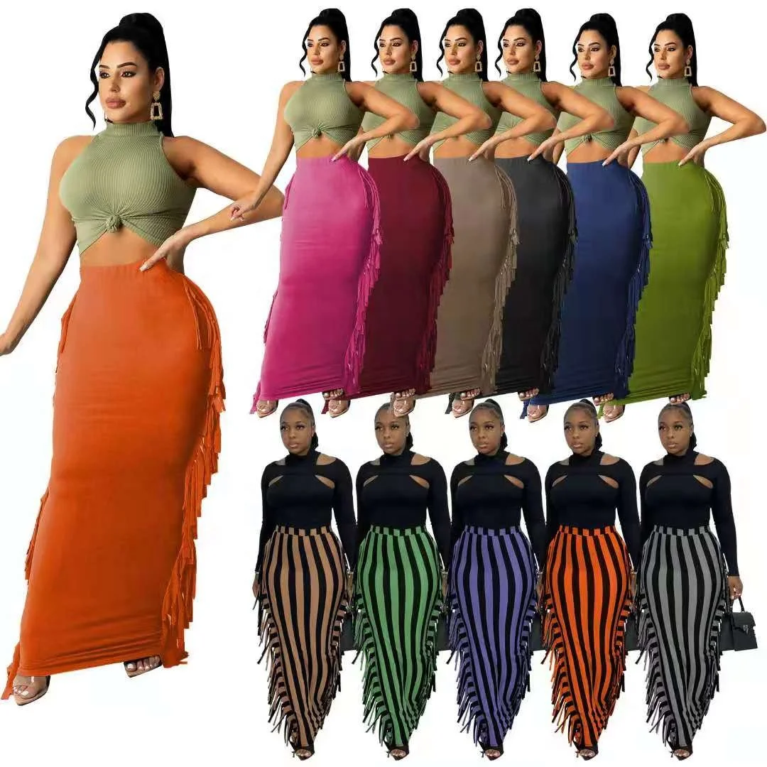 

12 Color All-match Long Striped Skirt New Fall Drawstring Stacked Ladies Pleated Basic Skirts Women Tassel Bodycon Skirt