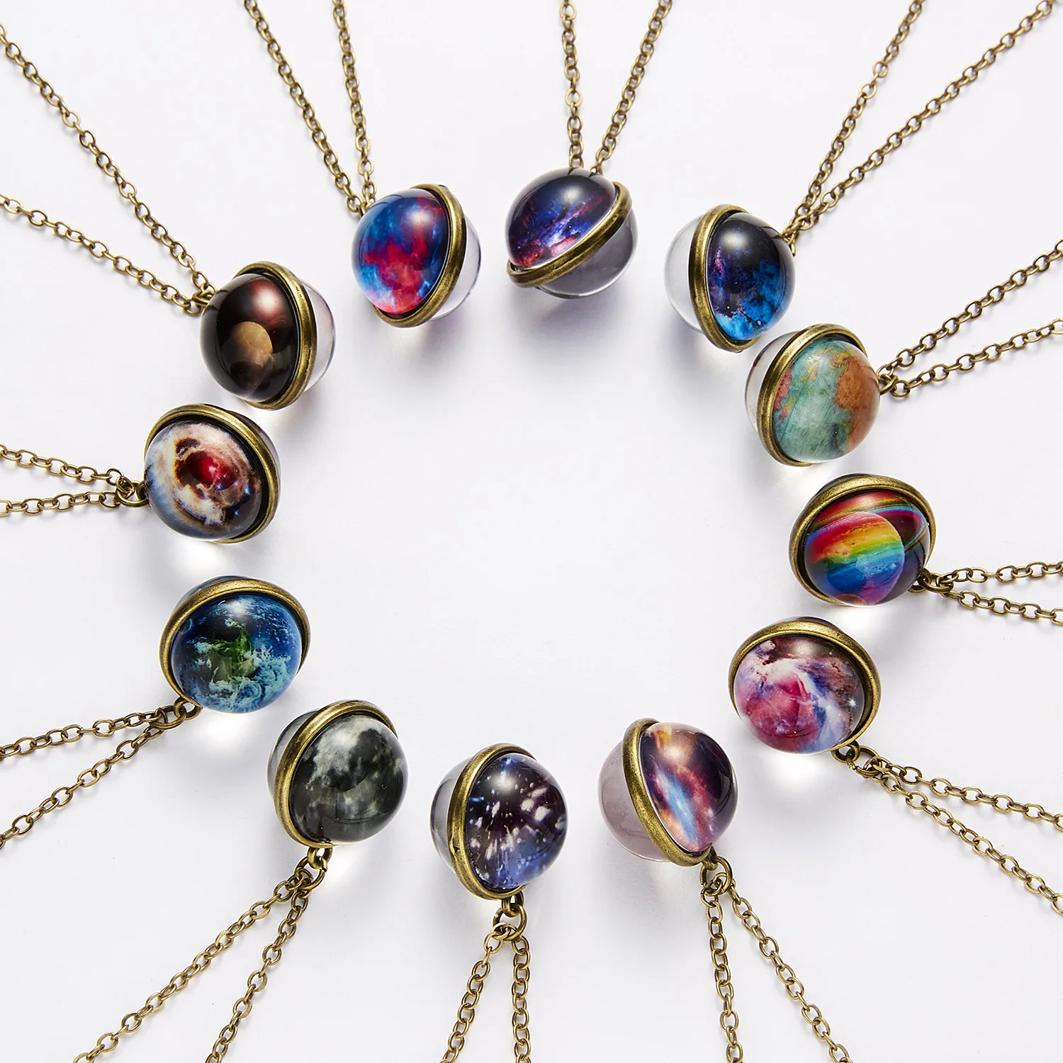 

Double Side Glass Ball Necklace Vintage Galaxy Astronomy Pendant Necklace Universe Planet Cosmic Luminous Jewelry M0053