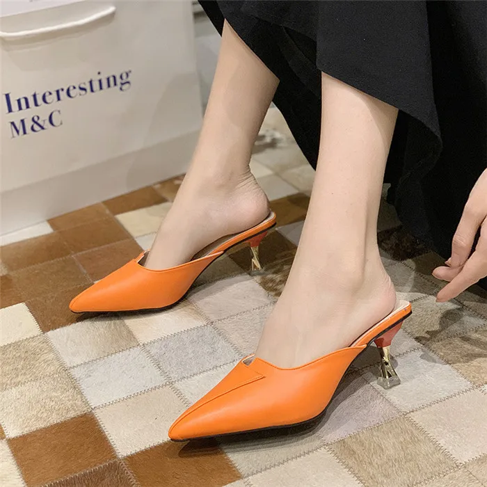 

Summer slippers middle heel fine heel pointed candy color high heel women's shoes 2021 New Outdoor closed toe half slippers, Yellow, green, black, beige, orange