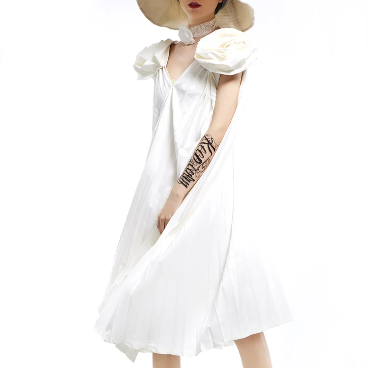 

Vintag dress White V-neck pleated customized women for ladies vintage dresses